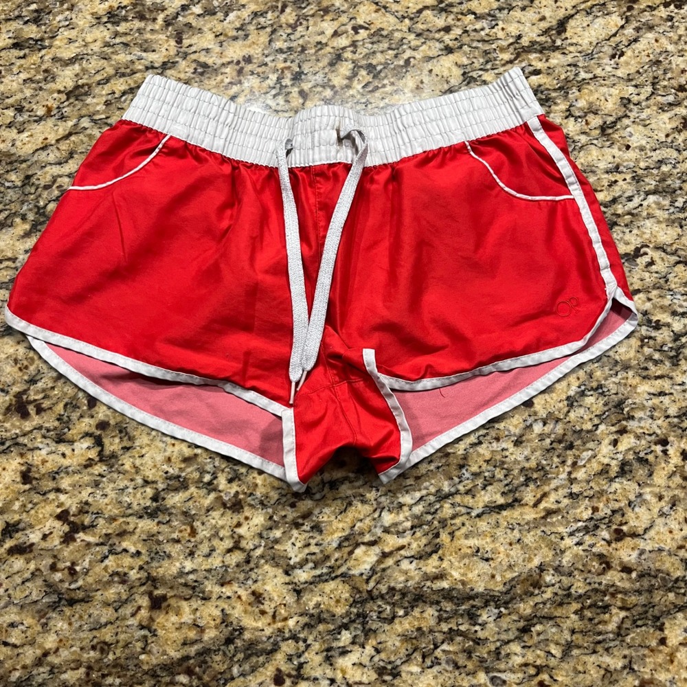Vintage OP Ocean Red Board Shorts Womens Large Dolphin Hem White Trim Athletic